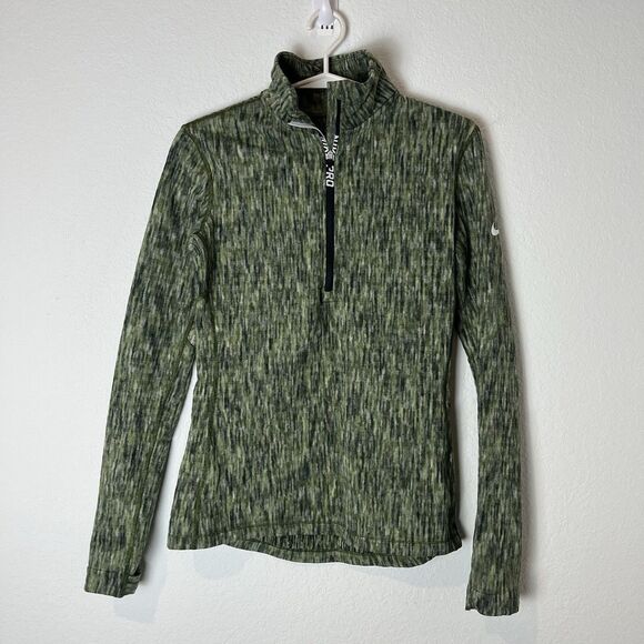 Nike Pro Hyperwarm Pullover Running Training Top M with Thumb Holes Green 216 - Picture 1 of 8